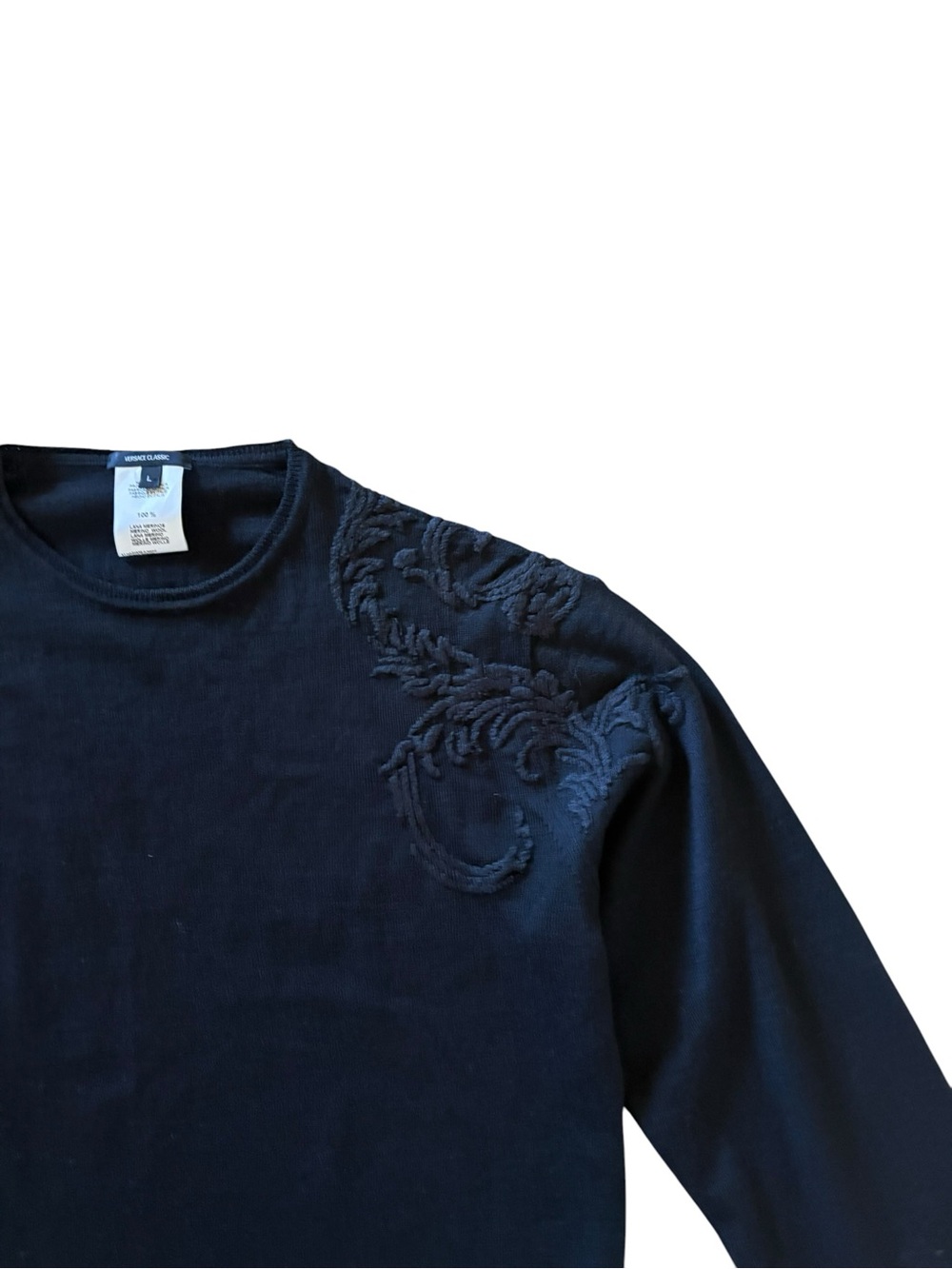 90s VTG Archive Versace Classic 100% Merino Wool Embroidered Shoulder Sweater L - Picture 5 of 14
